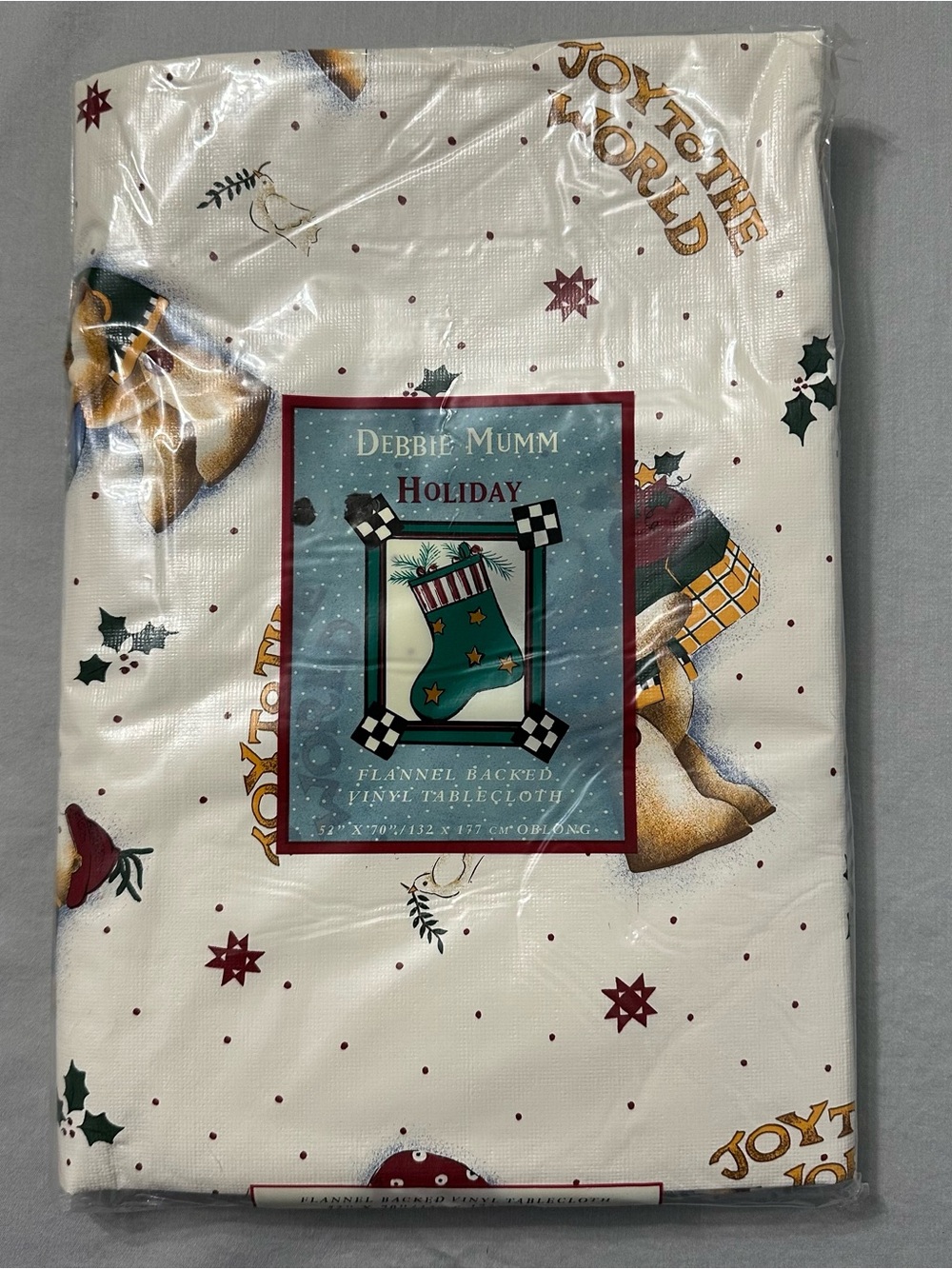 VTG Debbie Mumm "Joy to the World" Christmas Bear Tablecloth Flannel Backed